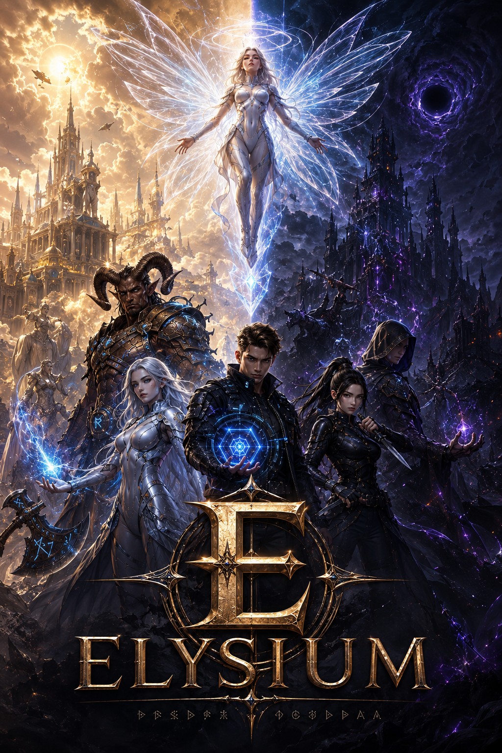 ELYSIUM vertical cover — heroes above the city